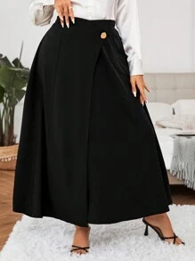 Calvaya 大碼高腰紐扣細節喇叭半身裙 - 黑色 - 查看 5