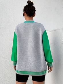 Cottnline 字母貼布撞色落肩袖雙色學院風夾克 - 綠色 - 查看 2