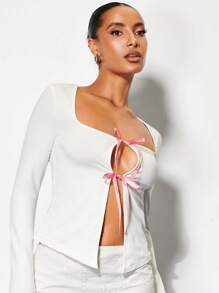 SHEIN BAE 正面繫帶方領T恤 - 白色 - 查看 6