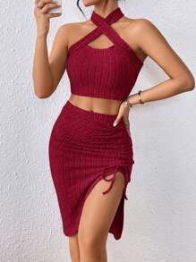 SHEIN Privé 交叉掛脖上衣和抽繩開衩大腿裙 - 酒紅色 - 查看 1