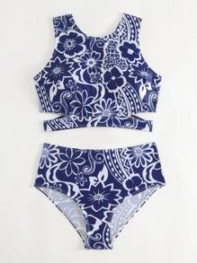 全印花高腰比基尼套裝