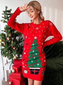 SHEIN Cottnline Christmas Tree Pattern Drop Shoulder Sweater Dress - Red - View 2