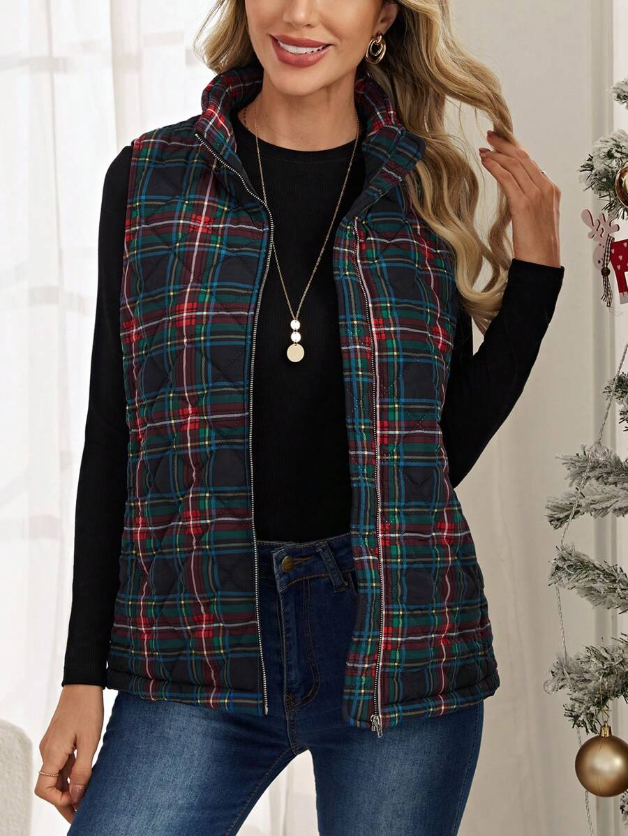 EMERY ROSE 格纹印花拉链背心夹棉大衣 - 彩色 - 查看 1