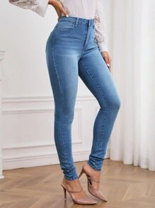 SHEIN Tall Jeans ajustados desgarro de talle alto - Azul - Ver 4