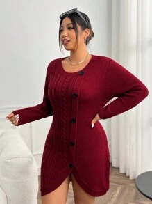 SHEIN LUNE Plus Cable Knit Button Front Asymmetrical Hem Sweater - Burgundy - View 4