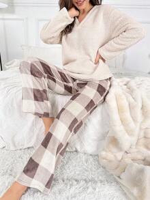 格紋印花絨布休閒服套裝 - 彩色 - 查看 5