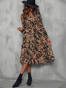 SHEIN LUNE Allover Print Lantern Sleeve Ruffle Hem Dress - Multicolor - View 5