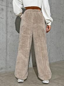 SHEIN EZwear 素色斜口袋絨毛長褲 - 卡其色 - 查看 2