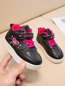 1雙兒童舒適pu大底運動鞋,時尚紅心刺繡設計女孩適用全季徒步靴