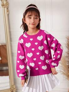 SHEIN 女大童愛心圖案燈籠袖套頭毛衣 - 玫紅色 - 查看 5
