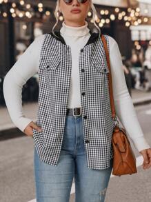 SHEIN LUNE Abrigo tipo chaleco con capucha y estampado de cuadros vichy - Blanco y Negro - Ver 4