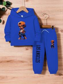 Young Boy Bear Print Hoodie & Letter Graphic Sweatpants - Blue - View 1