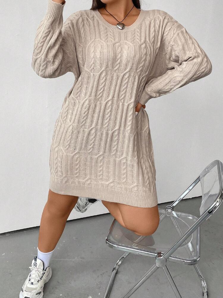 Plus Cable Knit Drop Shoulder Sweater Dress Without Belt, For Winter Fall Cloth For Women Autumn