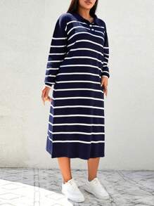EURMUSE Plus Striped Pattern Drop Shoulder Polo Neck Sweater Dress, For Winter - Navy Blue - View 4