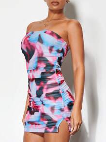 SHEIN BAE Đầm Bodycon xẻ tà xếp nếp bên hông có dây buộc - Màu xanh lam - Xem 6