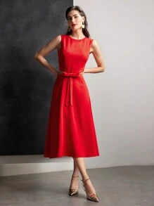 MOTF PREMIUM CUTOUT BOW DETAIL DRESS - Red - View 7