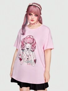 ROMWE Kawaii Talla grande Camiseta de hombros caídos con estampado de figura - Rosa - Ver 1
