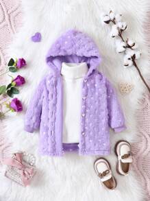 Baby Girl Solid Button Front Hooded Fluffy Coat Without Sweater - Mauve Purple - View 1