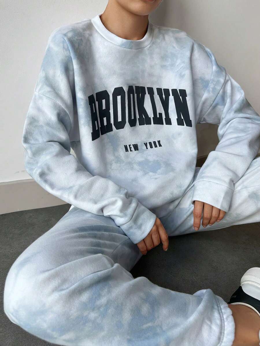 EURMUSE Tie Dye Letter Graphic Drop Shoulder Sweatshirt & Sweatpants - Multicolor - View 1