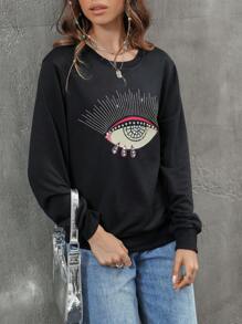 SHEIN Unity Rhinestone Eye Pattern Round Neck Sweatshirt Pullover Fall Sweatshirt - Black - View 6