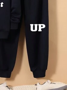 SHEIN Tween Boy Slogan Graphic Drop Shoulder Sweatshirt & Sweatpants - Royal Blue - View 3