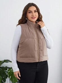 SHEIN LUNE 拉链背心加厚外套 - 卡其色 - 查看 3