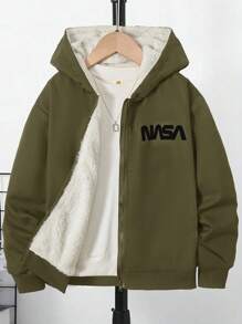 1入組男大童字母圖案拉鏈開襟毛絨內襯連帽夾克 - 軍綠色 - 查看 1