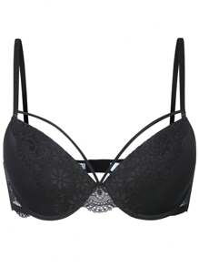 Floral Lace Harness Bra - Black - View 1