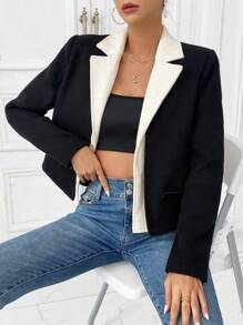 SHEIN Privé 拼接面西裝領開門襟西裝外套 - 黑與白 - 查看 1