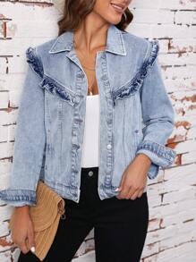 SHEIN LUNE Frill Trim Denim Jacket - Blue - View 1
