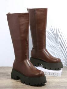 SHUZIA Minimalist Side Zipper Chunky Boots - Brown - View 2