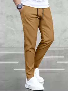 Manfinity Homme Men Solid Slant Pocket Drawstring Waist Pants, For Fall - Bronze - View 7