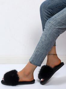 Women's Casual Minimalist Fluffy Slippers, Slip-On Design With Non-Slip Soft Sole, Comfortable And Warm For Bedroom, New Autumn/Winter Style,Furry Shoes - Black - View 4