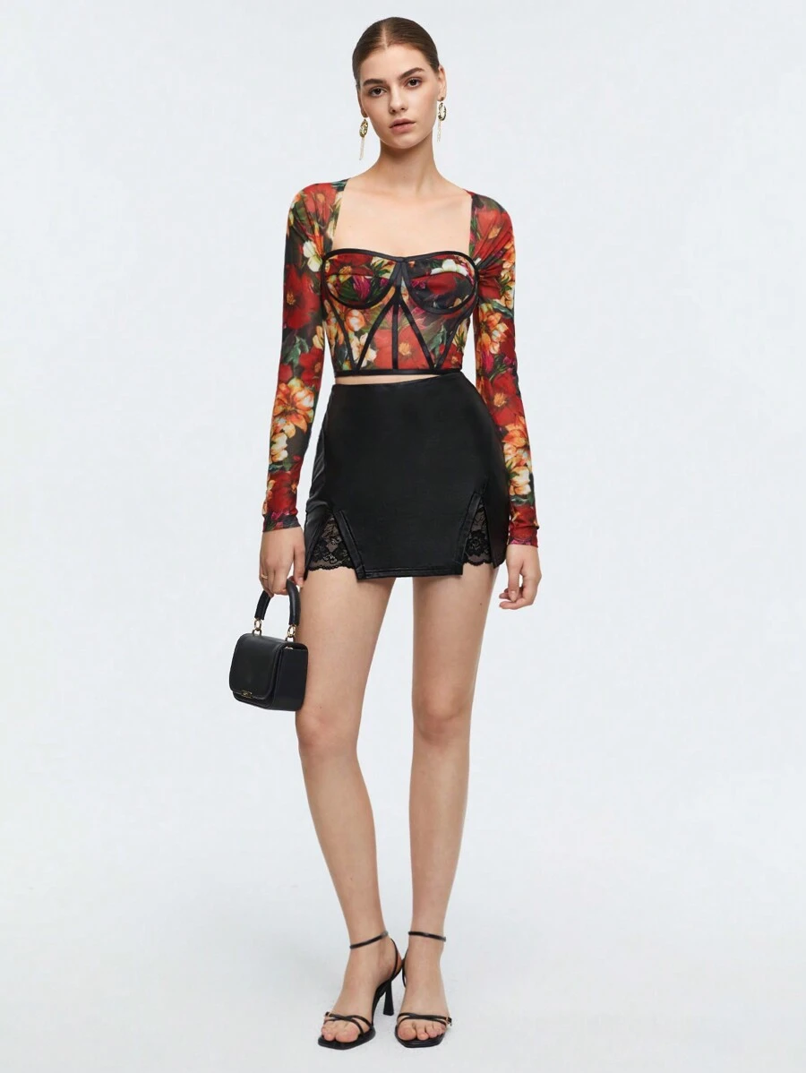 Maija Contrast Lace Split Hem PU Leather Skirt - Black - View 1