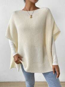 SHEIN Essnce 蝙蝠翼袖開衩下擺羅紋針織斗篷 - 杏色 - 查看 4