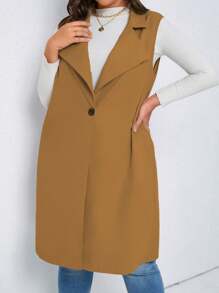 SHEIN LUNE Áo khoác cỡ lớn Nút màu trơn Thanh lịch - màu nâu - Xem 6