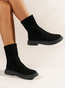 Women's Solid Color Flat Lightweight Fashionable Boots, Easy Slip-on Knit Comfortable Ankle Booties - Black - View 1