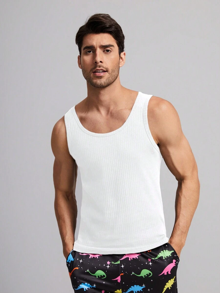 SHEIN Men Solid Ribbed Knit Lounge Tank Top - White - View 1