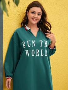 Mulvari 大碼標語圖案拼接領落肩袖洋裝 - 綠色 - 查看 4