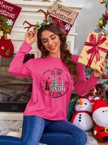 SHEIN EZwear 聖誕圖案T恤 - 玫紅色 - 查看 4