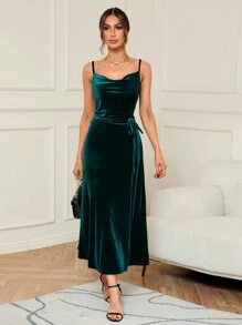 SHEIN Privé Draped Collar Knot Side Velvet Cami Dress - Dark Green - View 3