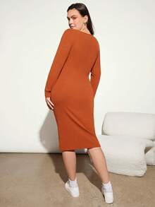 SHEIN BASICS Plus Notched Neckline Bodycon Dress - Rust Brown - View 2