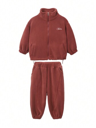 青少年男孩字母刺繡落肩袖夾克和運動褲