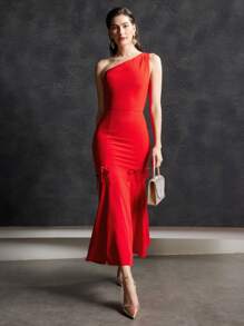 MOTF PREMIUM 單肩蝴蝶結細節洋裝 - 紅色 - 查看 7