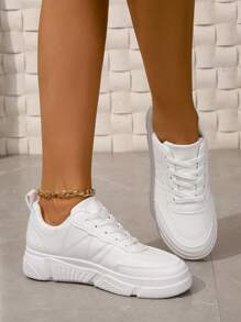 女性休閒平底滑板鞋,防滑&時尚透氣運動鞋,厚底 - 白色 - 查看 5