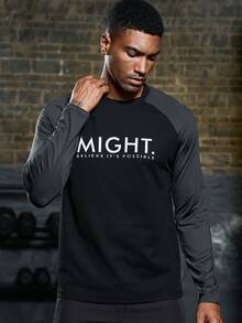 Men Letter Graphic Raglan Sleeve Sports Tee Workout Tops - Black - View 5