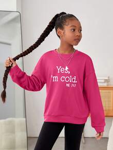 SHEIN Tween Girl Slogan Graphic Drop Shoulder Pullover - Hot Pink - View 4