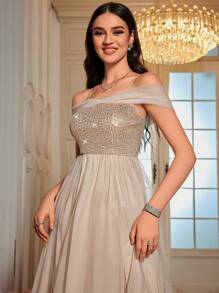 SHEIN Belle Off Shoulder Contrast Sequin Mesh Bridesmaid Dress, Semi Formal Dress