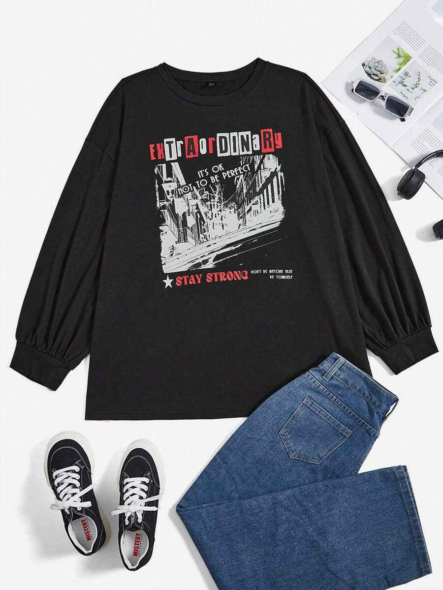 SHEIN EZwear 大碼標語圖案落肩T恤 - 深灰色 - 查看 1