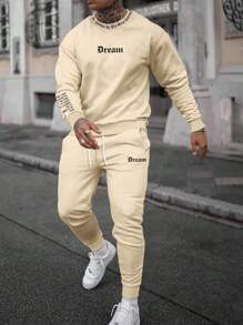 Manfinity Homme 男士字母圖案衛衣和衛褲 - 卡其色 - 查看 1